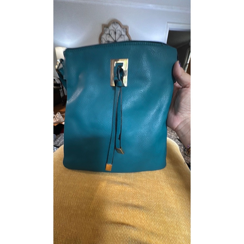 Conceal Carry Teal Blue Pebbled Leather Crossbody Bag Gold Hardware StripeLining